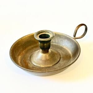 Chamberstick Candle Holder Brass Finger Loop Saucer 6in Vintage Primitive